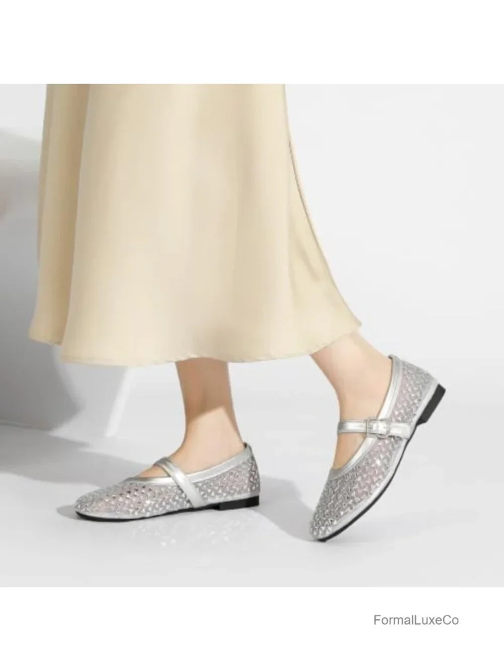 Rhinestone Mary Jane Flats, Sparkly Ballet Shoes, Round Toe Flat Shoes with